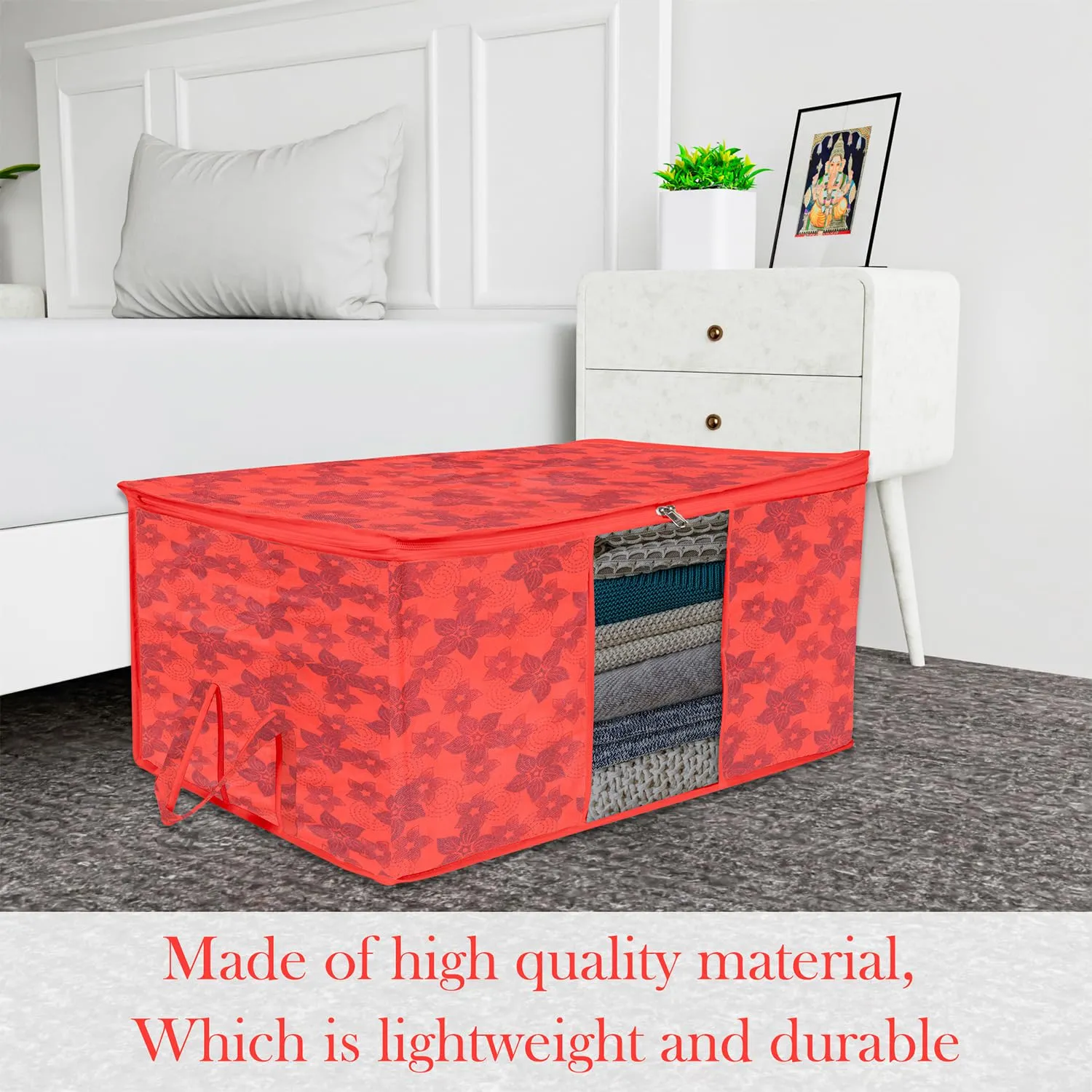 Kuber Industries Underbed Storage Bag | Clothes Storage Organizer | Blanket Cover with Clear Window | Zipper Closure & Handle Cloth Organizer | New Flower-Design | Large | Pack of 4 | Red