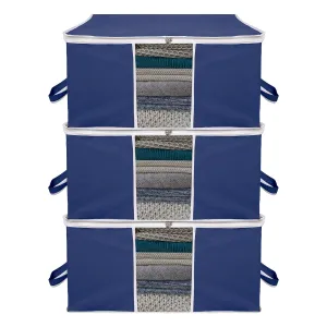 Kuber Industries Underbed Storage Bag | Clothes Storage Organizer | Blanket Cover with Clear Window | Zipper Closure & Handle Cloth Organizer | Plain White Border | Large | Pack of 3 | Navy Blue