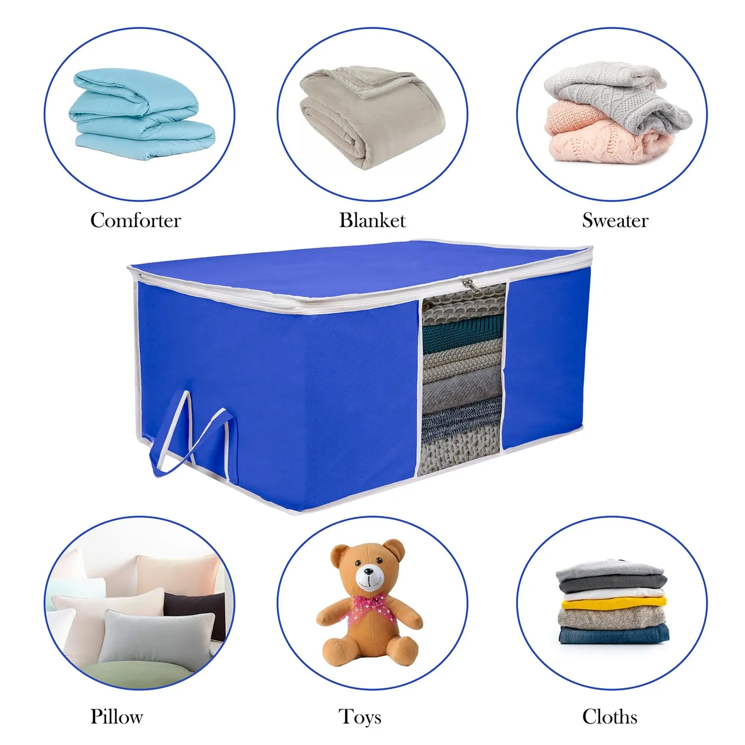 Kuber Industries Underbed Storage Bag | Clothes Storage Organizer | Blanket Cover with Clear Window | Zipper Closure & Handle Cloth Organizer | Plain White Border | Large | Pack of 4 | Royal Blue