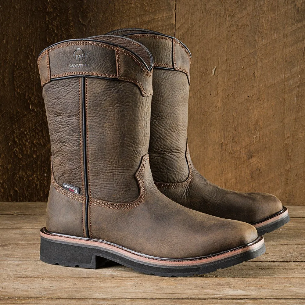Men's Rancher 10" Mid Width Steel Toe Boot with Wolverine Tongue dark coffee color