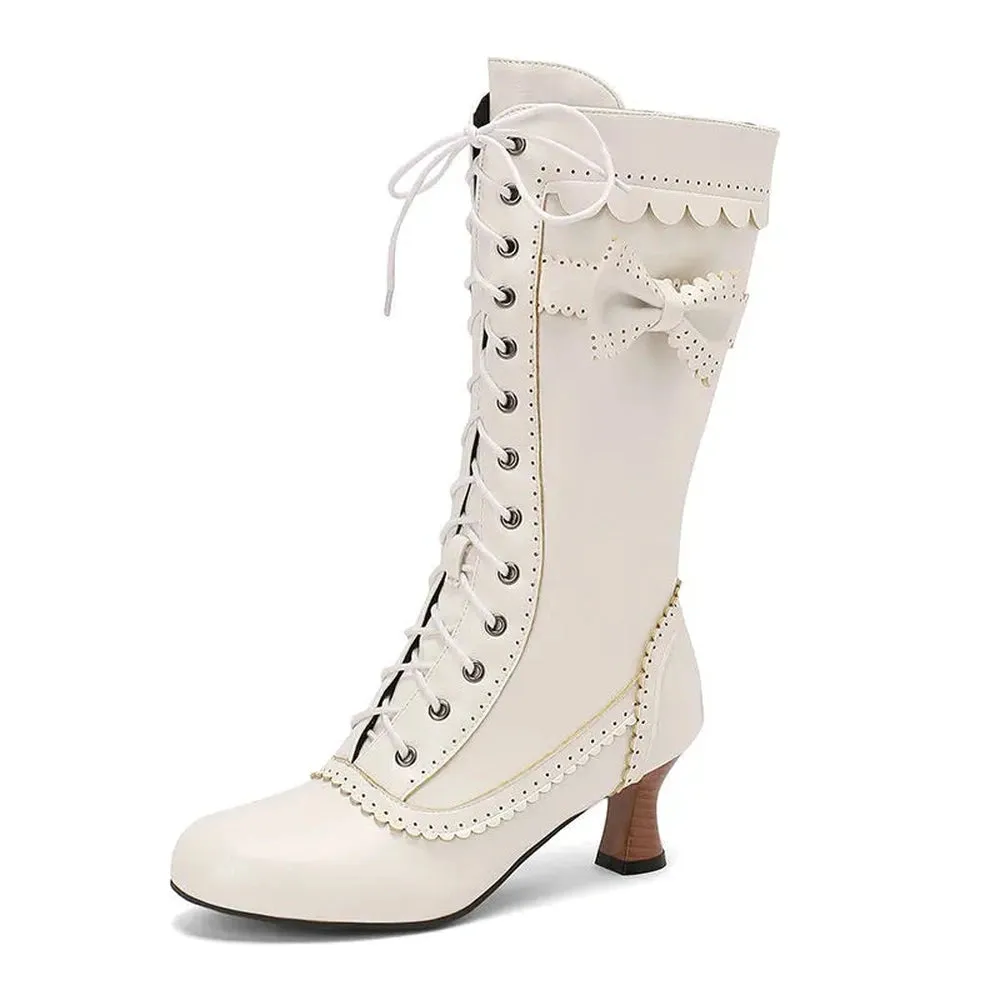 Merendy Kalboba Round toe Block Heel Lace-up White Victorian Boots