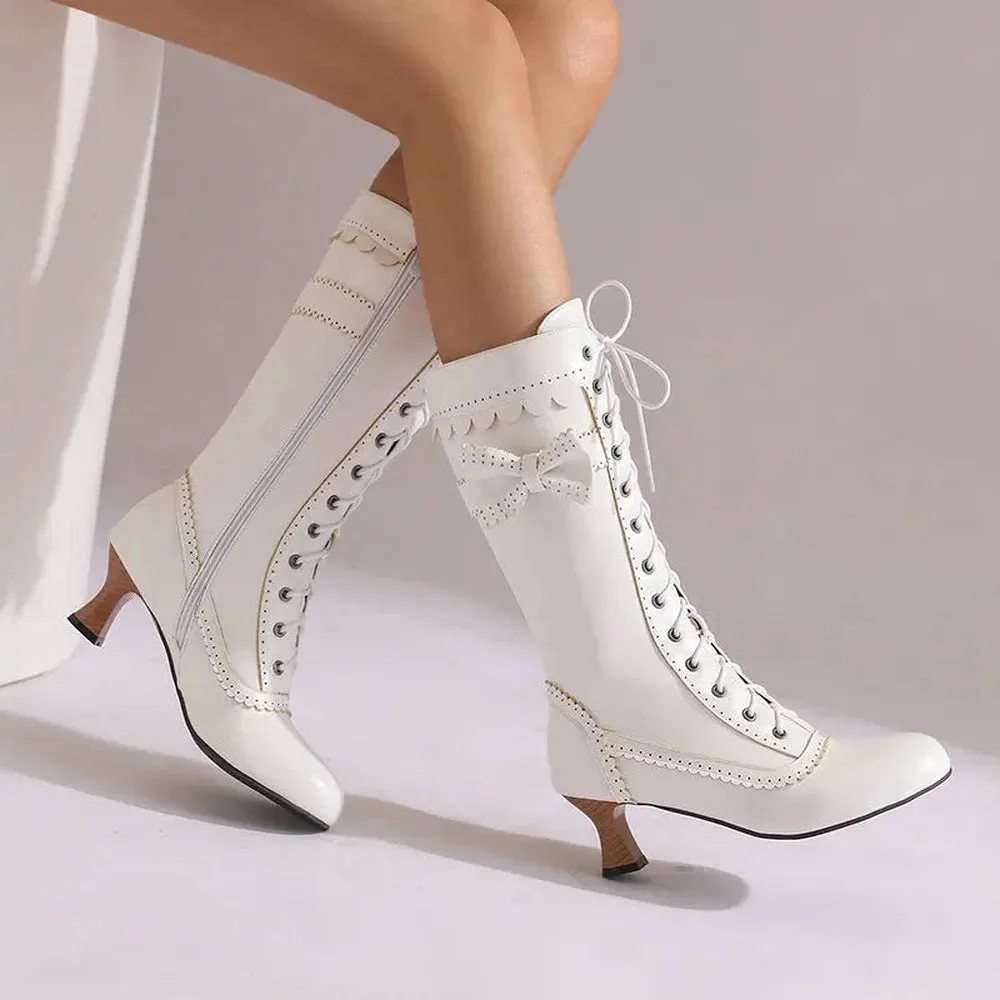Merendy Kalboba Round toe Block Heel Lace-up White Victorian Boots
