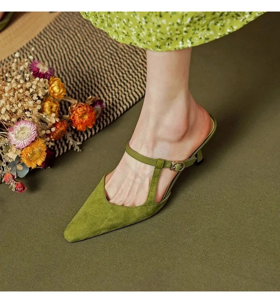 Merendy Warda Green Leather Mules with Kitten Heels