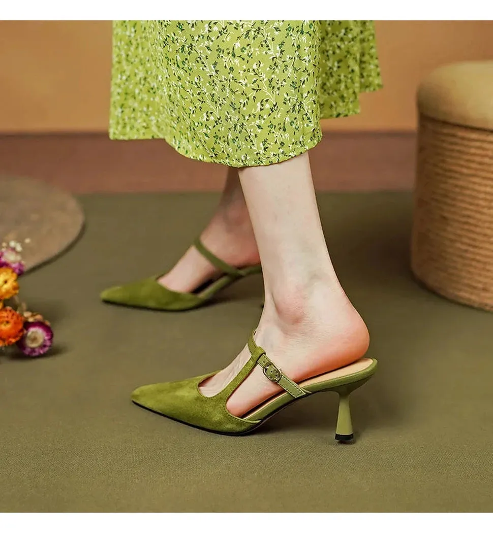Merendy Warda Green Leather Mules with Kitten Heels