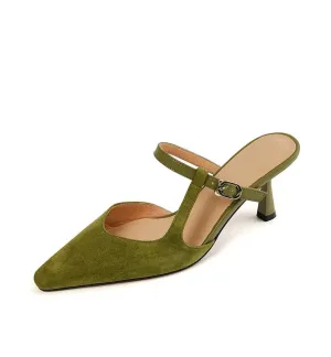 Merendy Warda Green Leather Mules with Kitten Heels