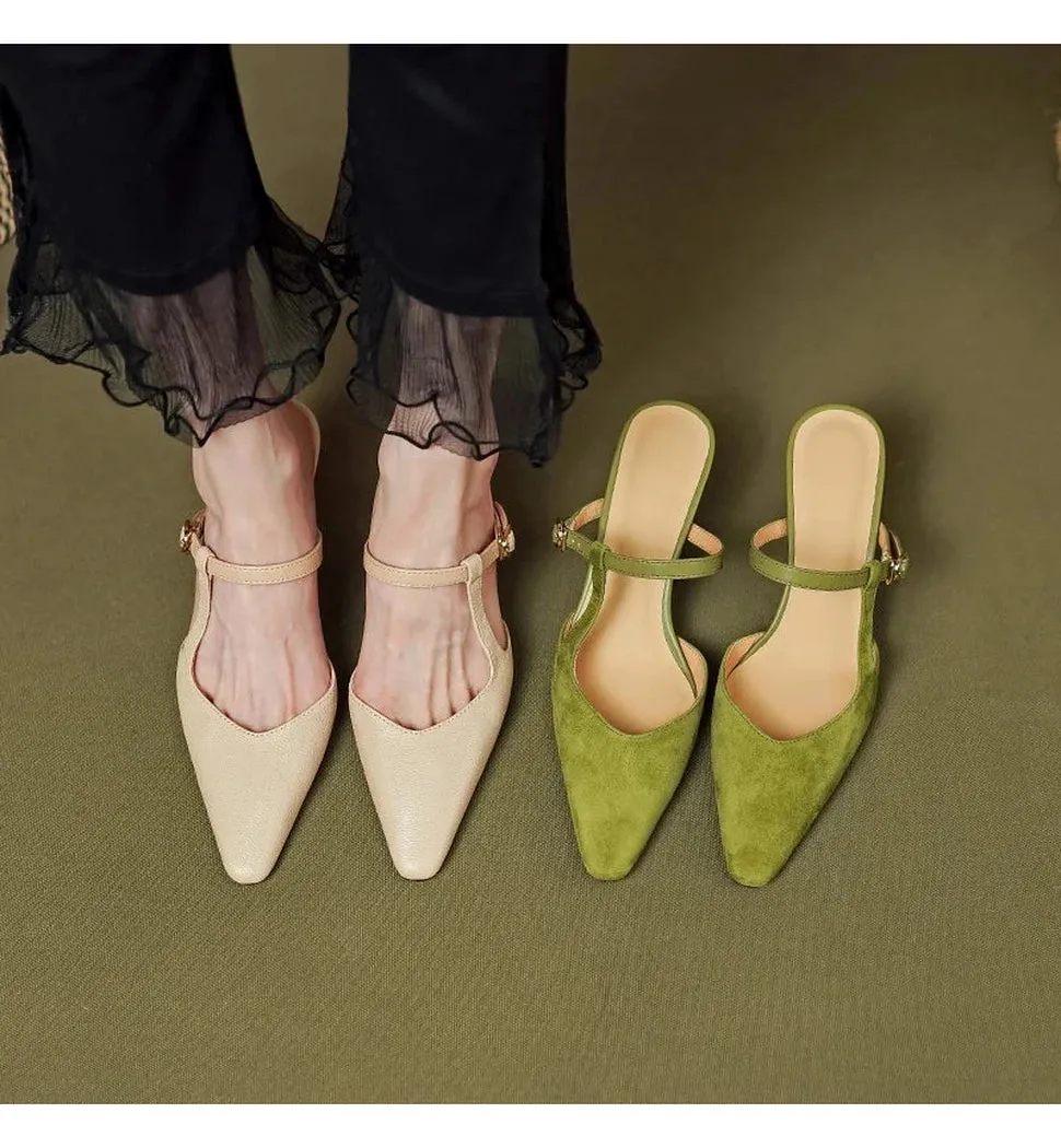 Merendy Warda Green Leather Mules with Kitten Heels