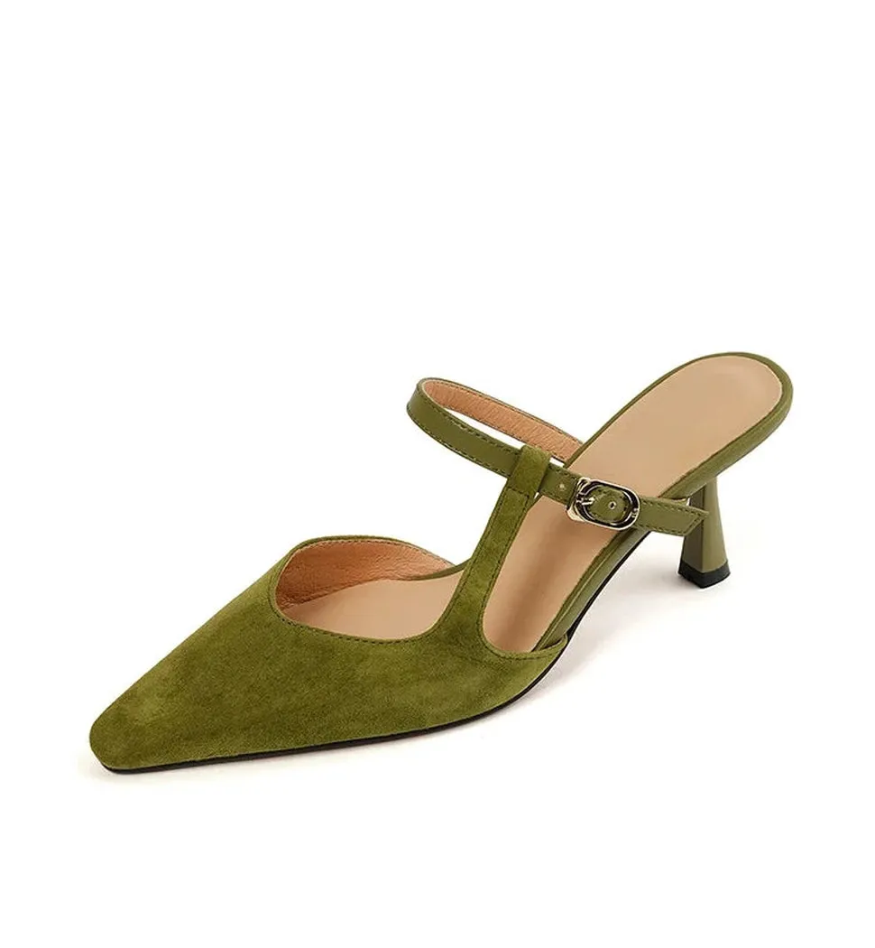 Merendy Warda Green Leather Mules with Kitten Heels