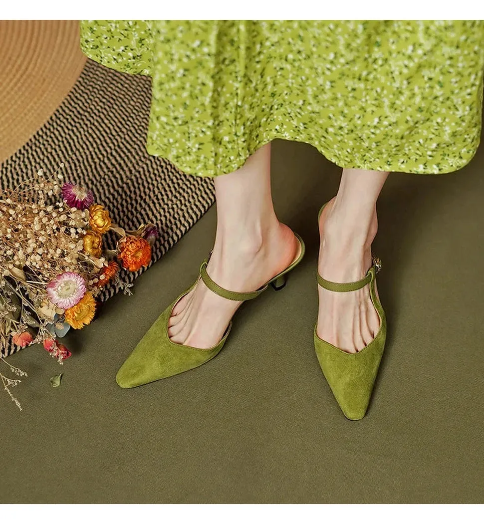 Merendy Warda Green Leather Mules with Kitten Heels