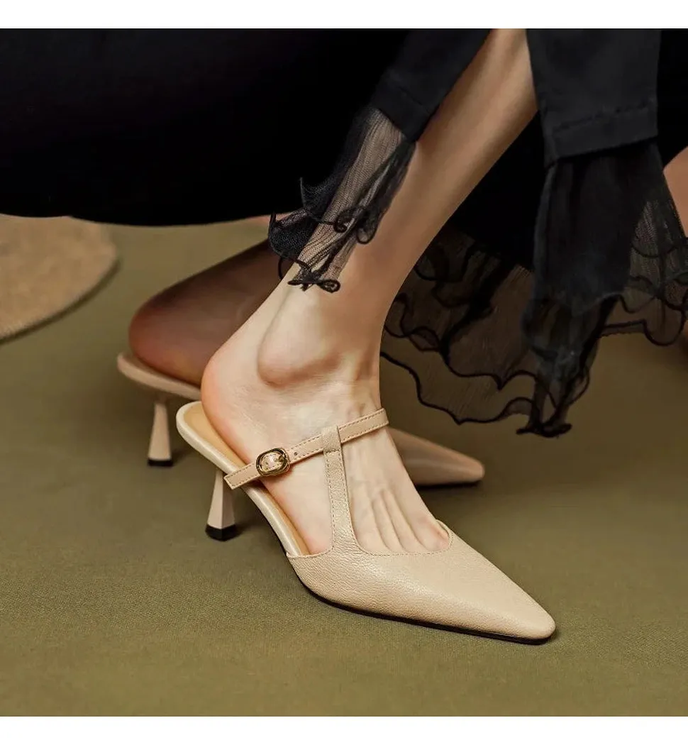 Merendy Warda Green Leather Mules with Kitten Heels