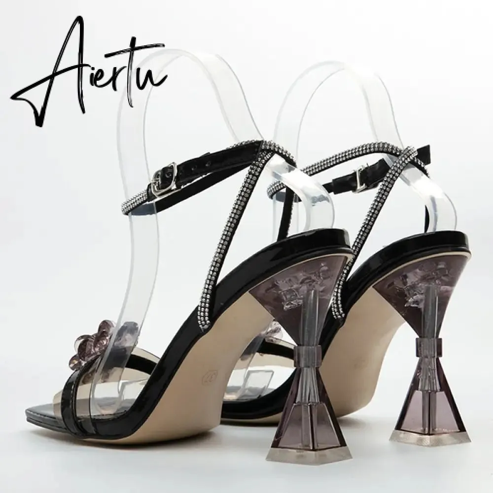 New Clear Flowers Design PVC Transparent Sandals For Women Chic Style High Heels Sexy Rhinestone Ankle Strap Dress Shoes