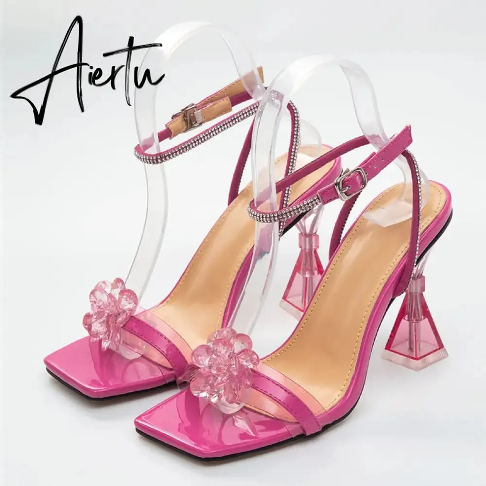 New Clear Flowers Design PVC Transparent Sandals For Women Chic Style High Heels Sexy Rhinestone Ankle Strap Dress Shoes