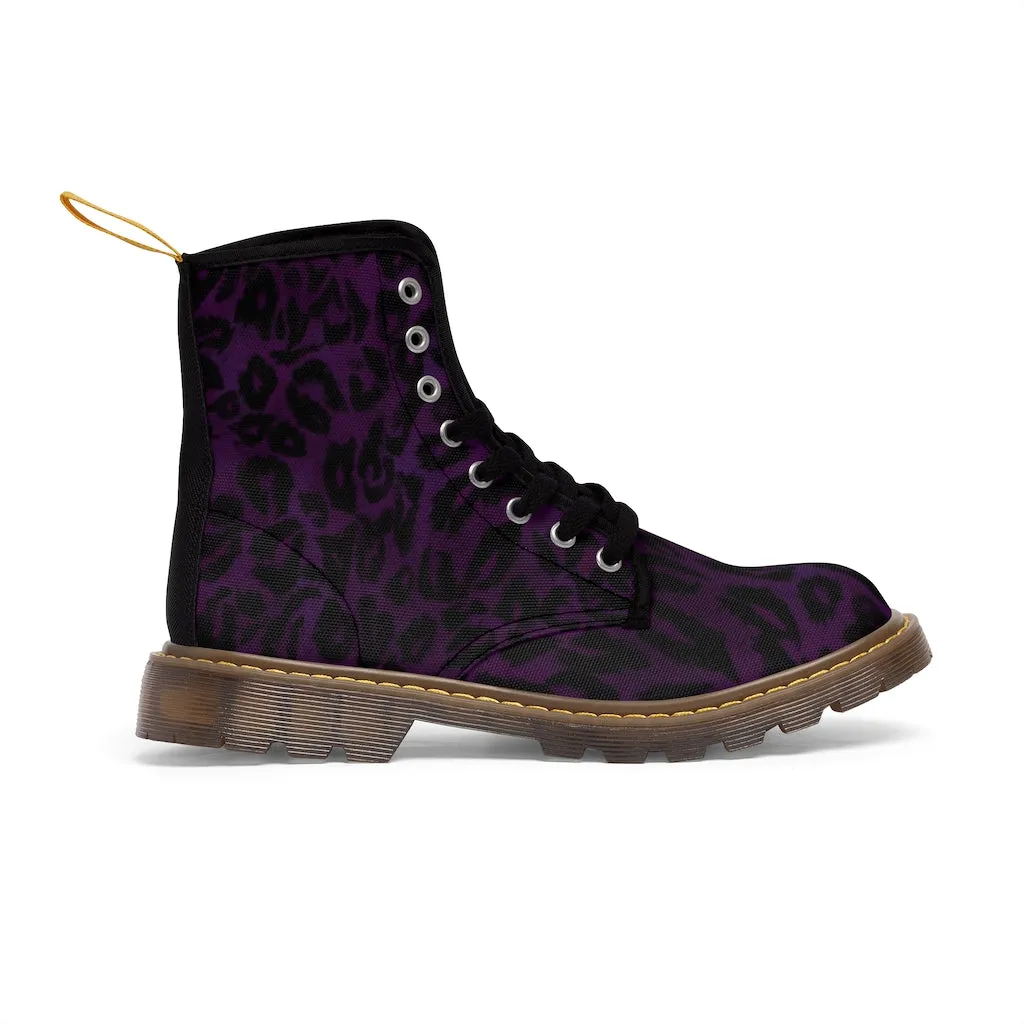 Purple Leopard Women's Canvas Boots, Best Leopard Animal Print Winter Boots For Ladies