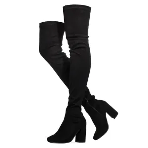 "Regular Calf" Fitted Over The Knee Thigh High Chunky Heel Stretch Boots BLACK