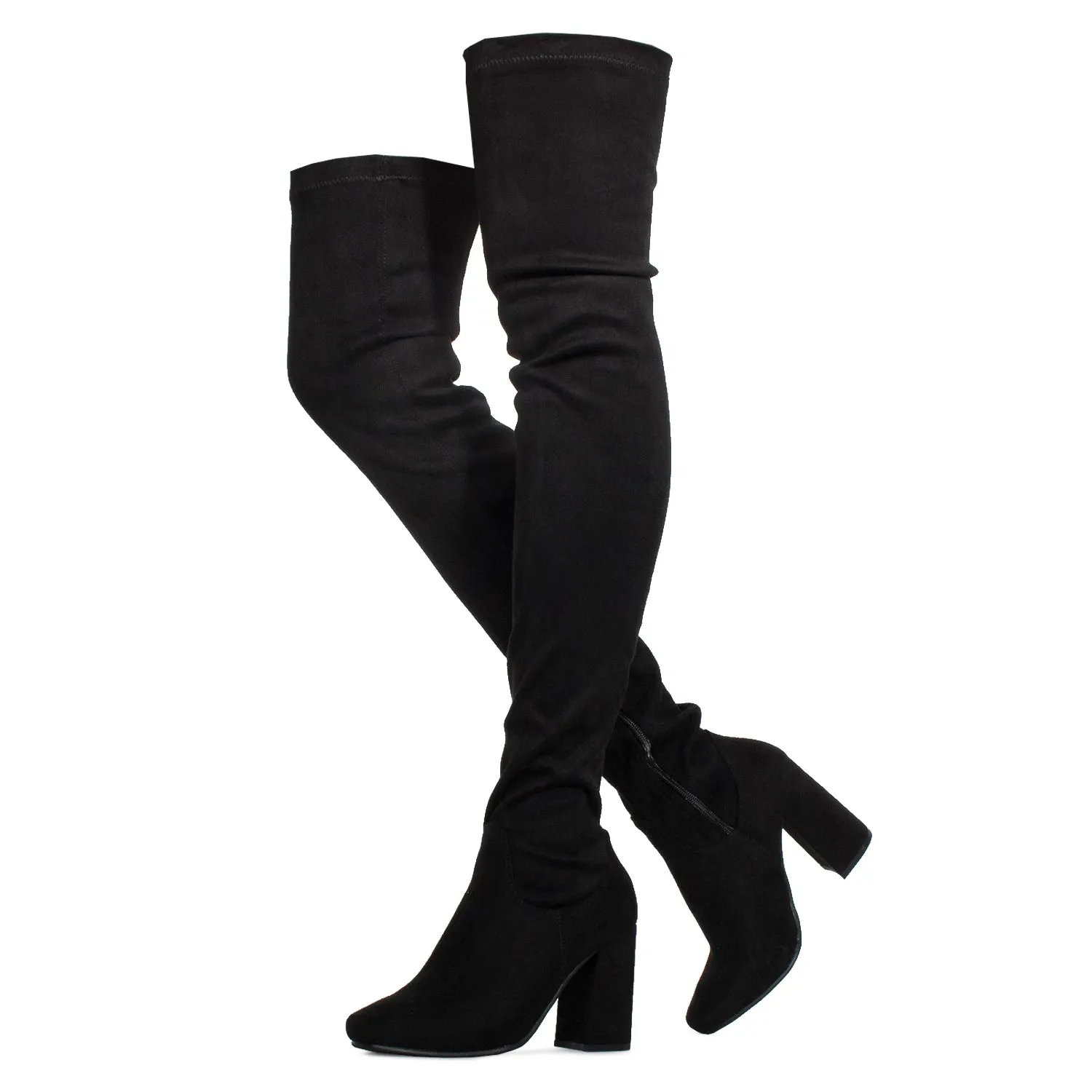 "Regular Calf" Fitted Over The Knee Thigh High Chunky Heel Stretch Boots BLACK