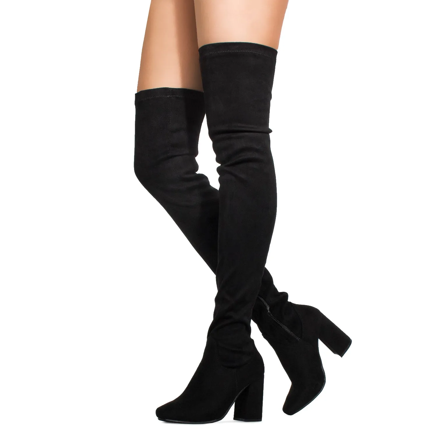 "Regular Calf" Fitted Over The Knee Thigh High Chunky Heel Stretch Boots BLACK