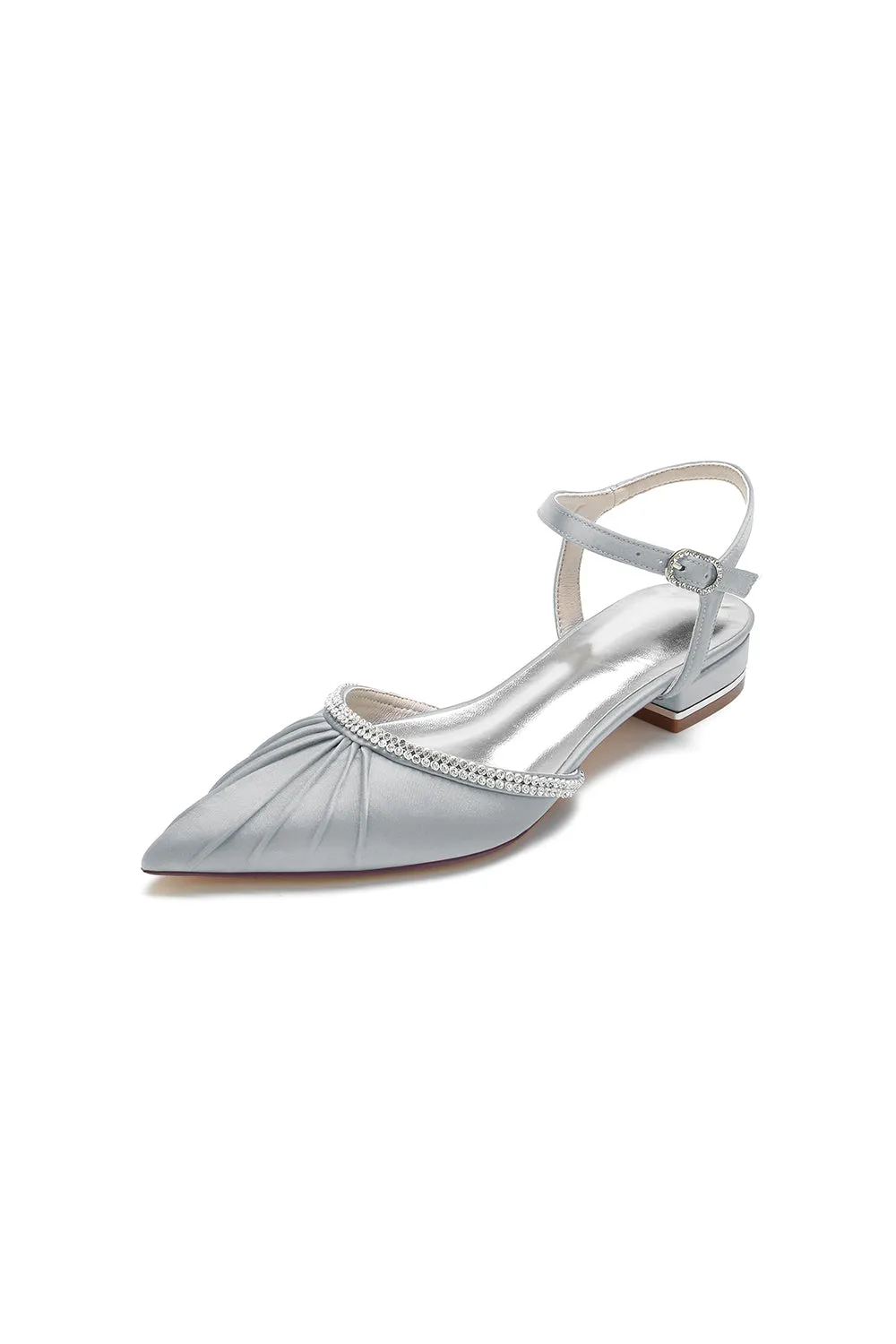 Satin Pointed Toe Beaded Buckle Kitten Heels