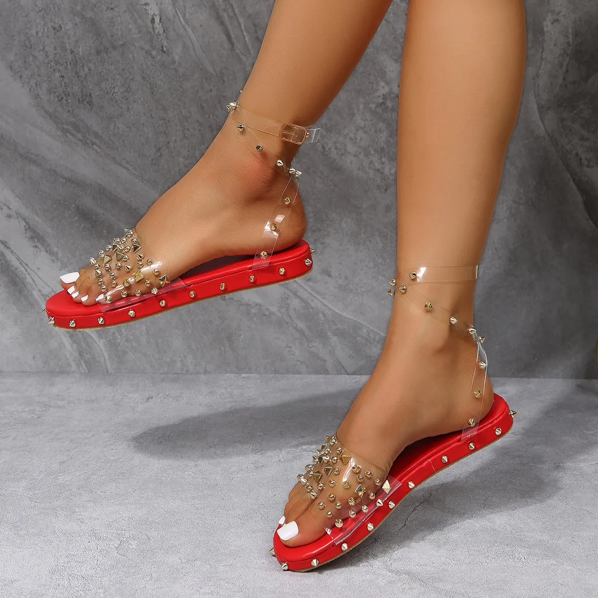 Sohiwoo Women Transparent Rivet Decor Flat Ankle Strap Sandals