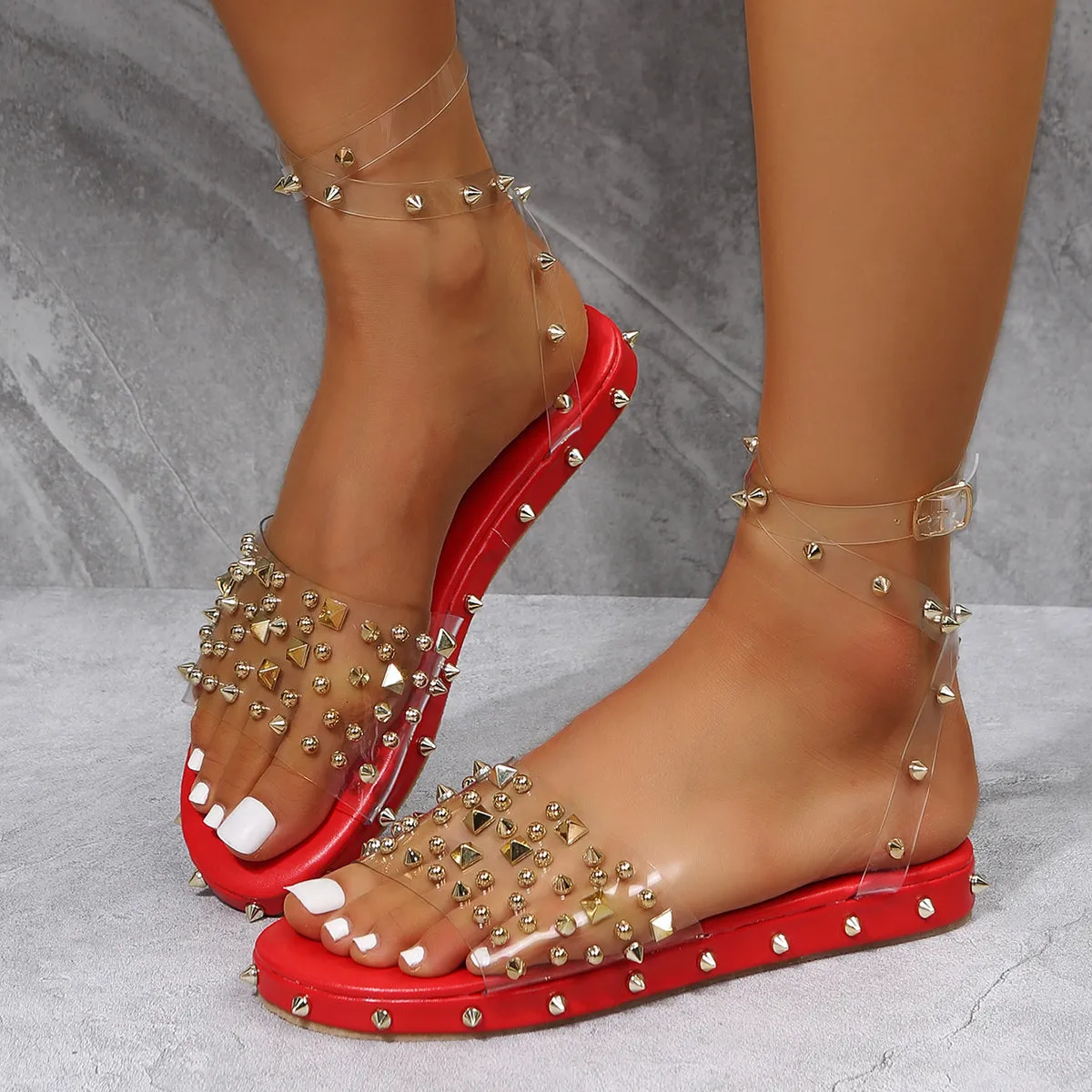 Sohiwoo Women Transparent Rivet Decor Flat Ankle Strap Sandals