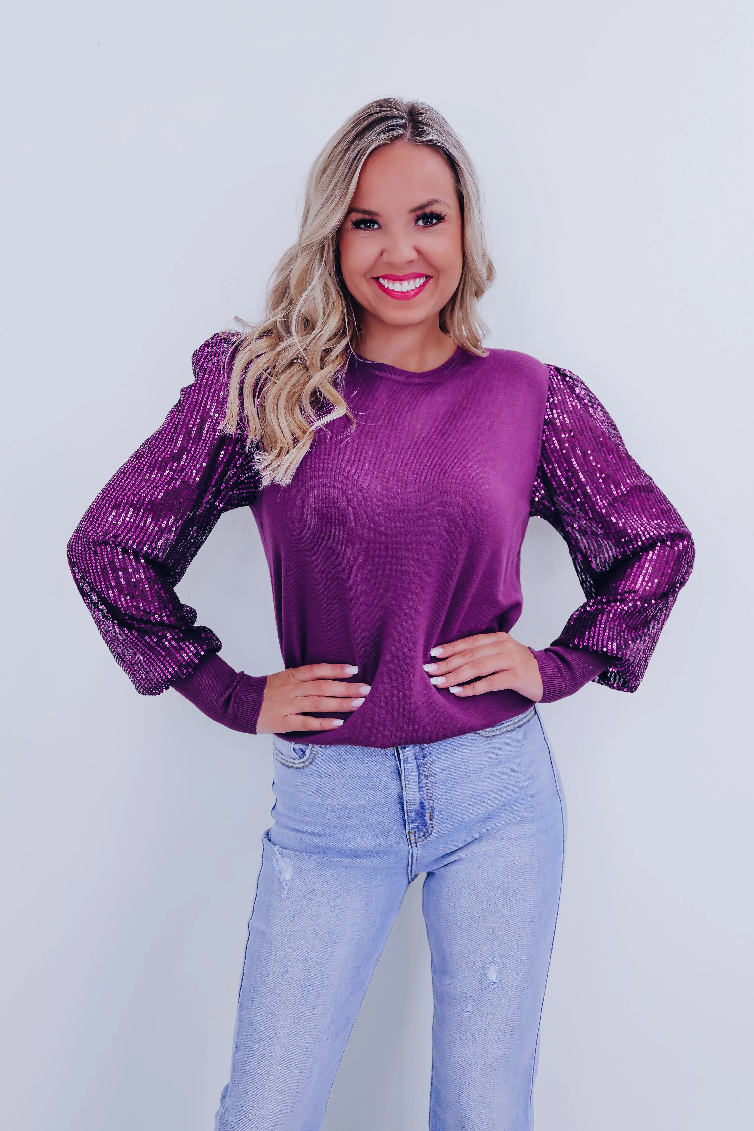 Sophia Sheer Sequin Sleeve Sweater - Purple