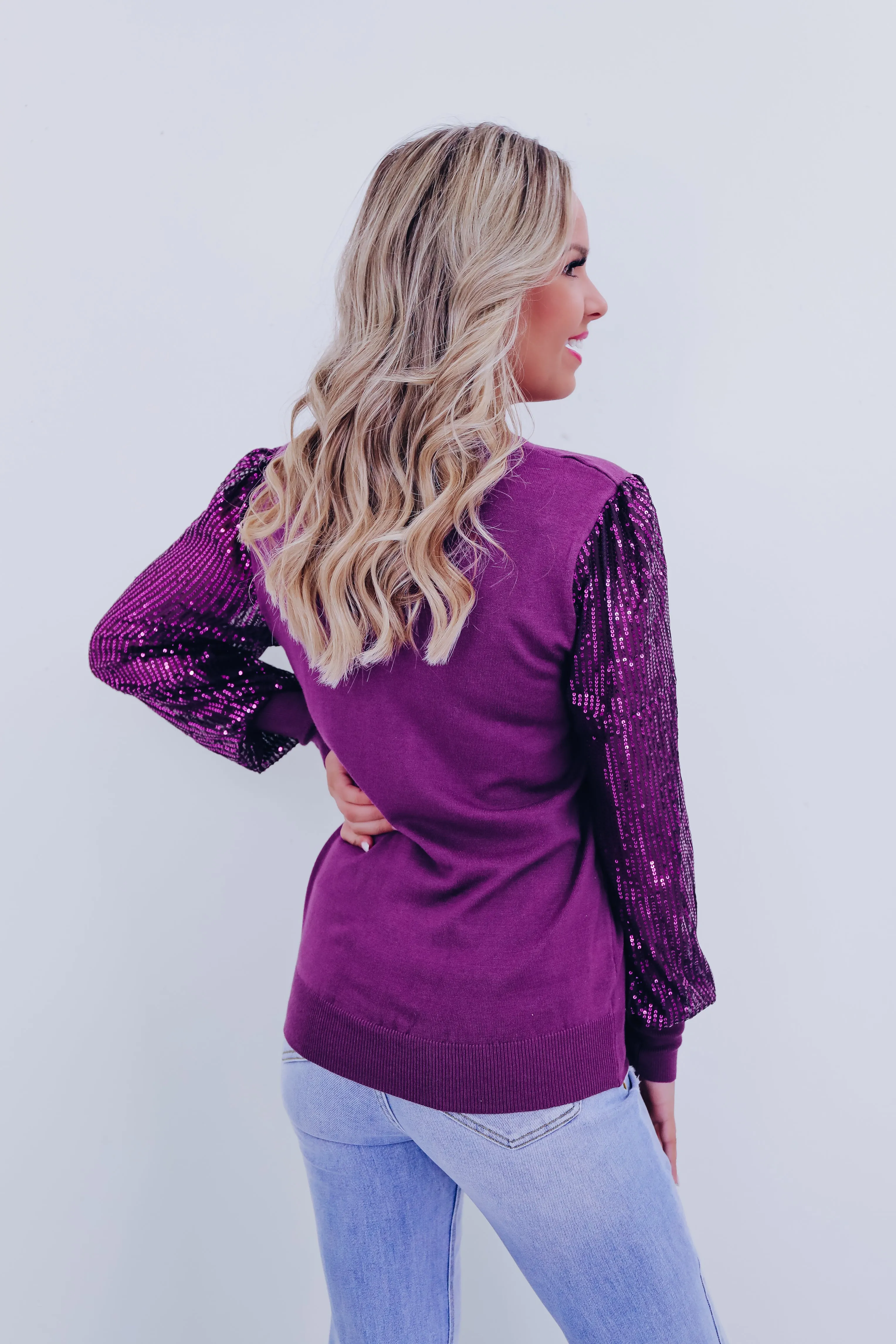 Sophia Sheer Sequin Sleeve Sweater - Purple