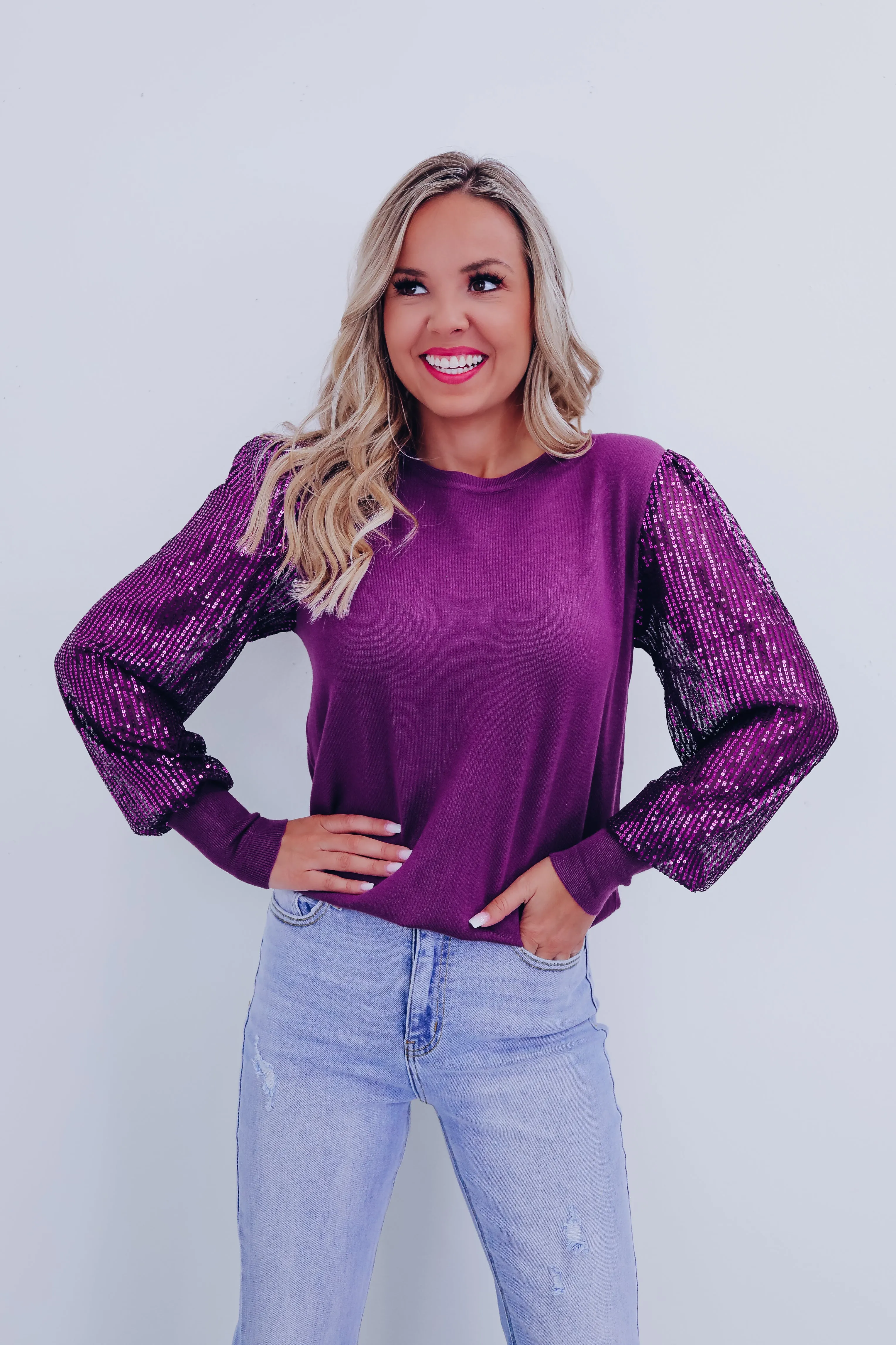 Sophia Sheer Sequin Sleeve Sweater - Purple