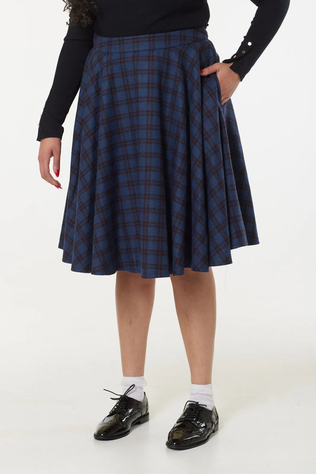 Sophie Navy and Brown Woollen Check Tartan Midi Swing Skirt