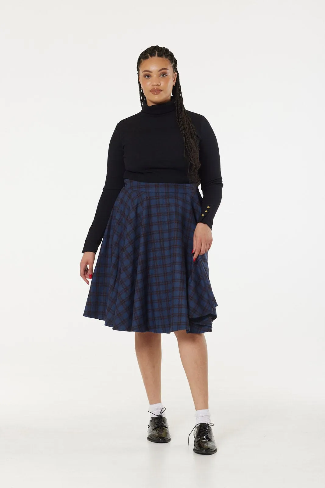 Sophie Navy and Brown Woollen Check Tartan Midi Swing Skirt