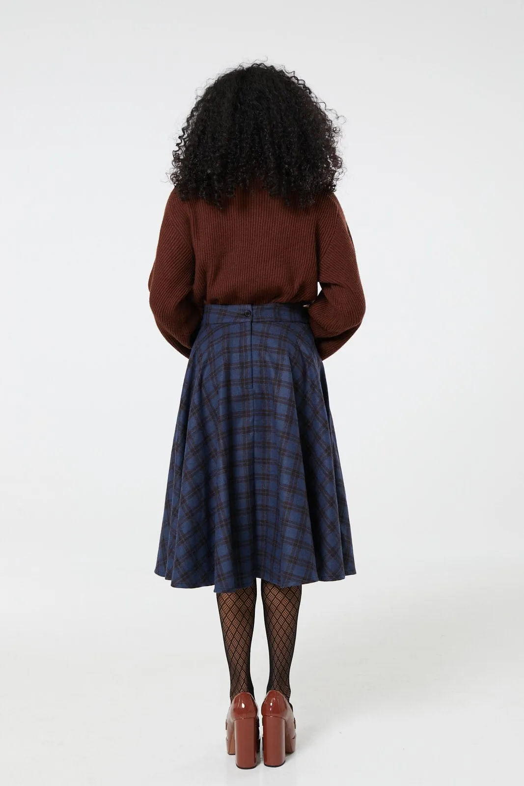 Sophie Navy and Brown Woollen Check Tartan Midi Swing Skirt