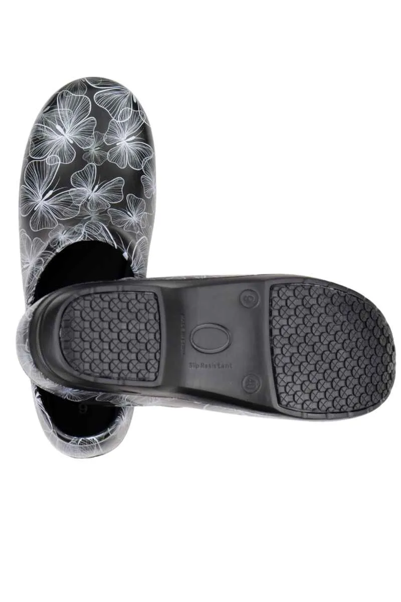 StepZ Women's Slip Resistant Nurse Clogs | Transparent Butterflies