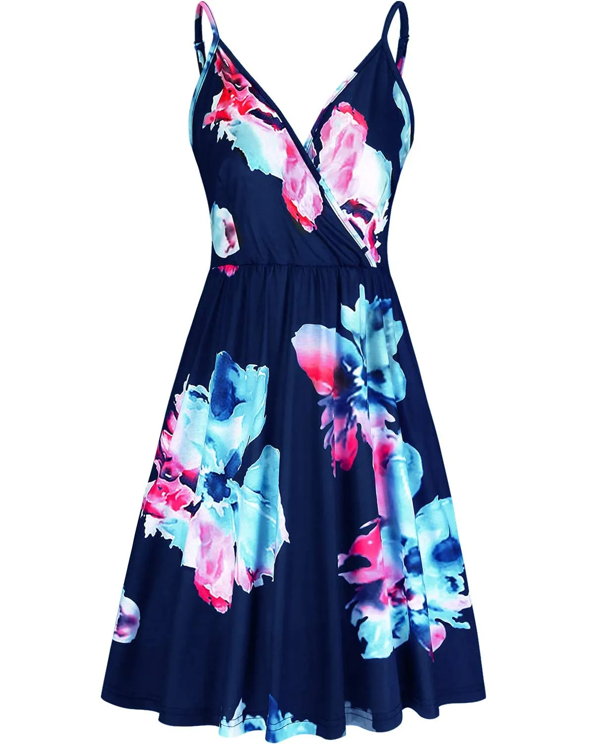 STYLEWORD Sommerkleid Damen Knielang V-Ausschnitt A Linie Kleider Sommer Freizeitkleid Strandkleid mit Taschen