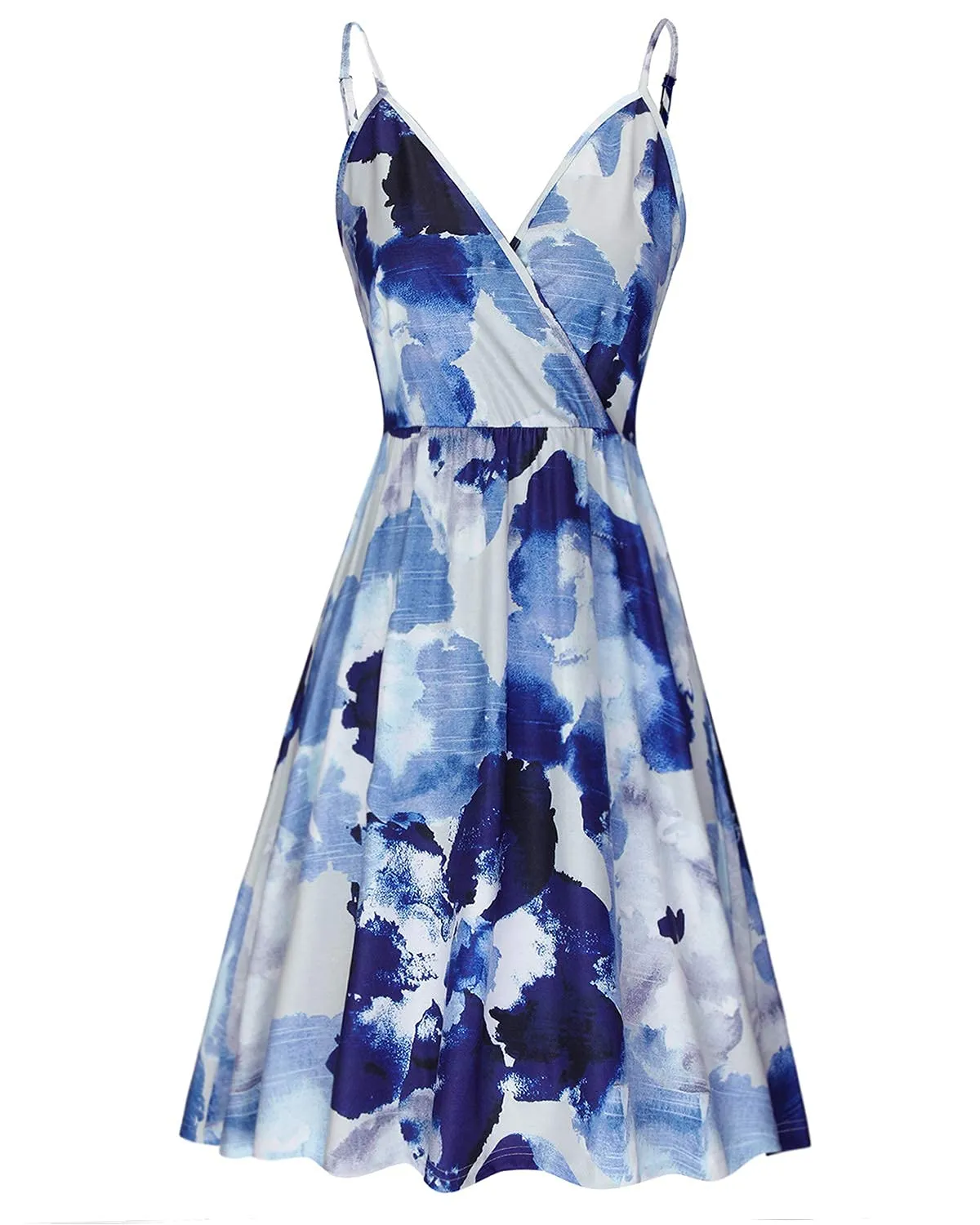 STYLEWORD Sommerkleid Damen Knielang V-Ausschnitt A Linie Kleider Sommer Freizeitkleid Strandkleid mit Taschen