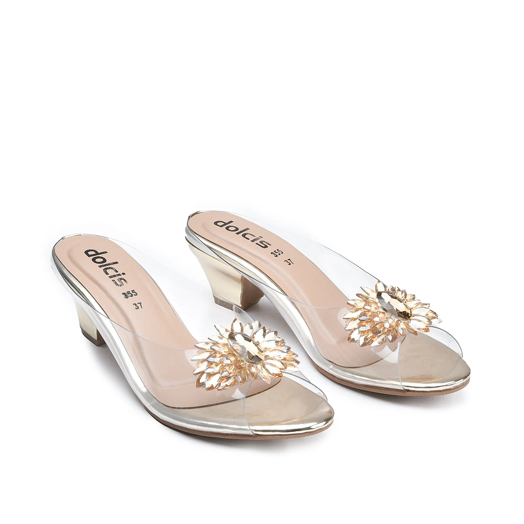 Stylish Gold Kitten Heels with Rhinestone Detail | 596K-X