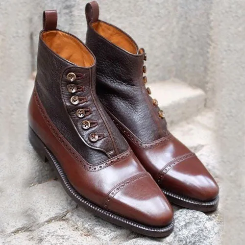 Two Tone Leather Button Ankle Dress Boot