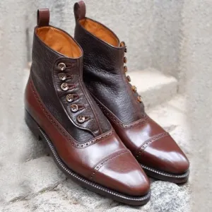 Two Tone Leather Button Ankle Dress Boot